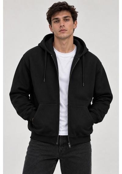 Çlm Store Erkek Slim Fit Örgü 3 İplik Fermuarlı Polar Hırka Siyah Siyah