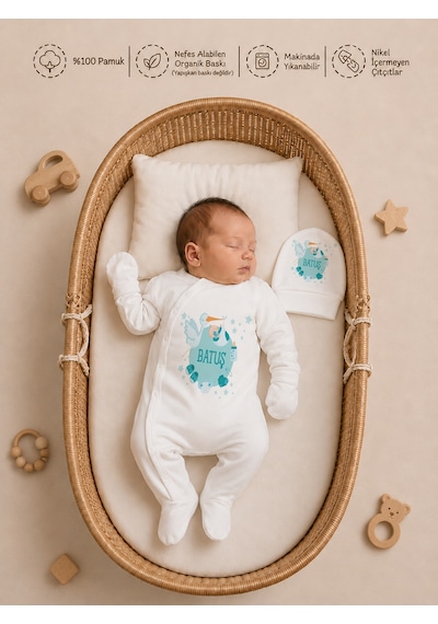Pia Baby İsme Özel Erkek Bebek 4 Parça Tulum Seti %100 Pamuk Organik Baskılı Battaniyeli 2027bt0x Krem