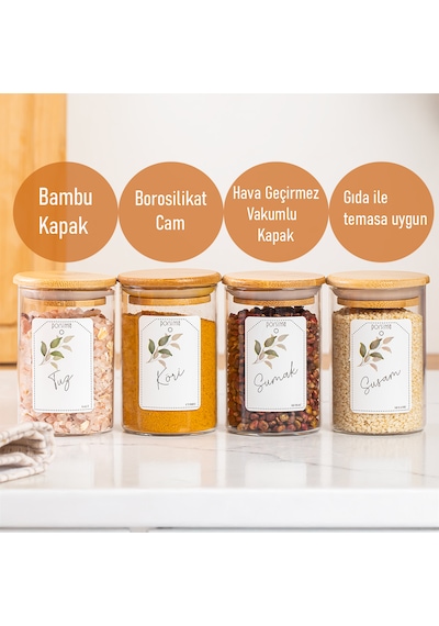Porsima 3179 Vakumlu Bambu Kapaklı Cam Baharatlık Seti 12 Parça Şeffaf