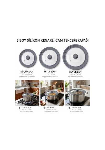 Lexroo Silikon Kenarlı Cam Tencere Kapağı Orta Boy, 22/24/26 Cm Tencerelerle Uyumlu Şeffaf