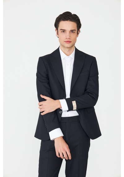 Lacivert İnce Çizgili Modern Slim Fit Klasik Yaka Takım Elbise Desenli