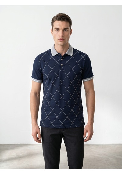 Giyim Dünyası Erkek Baklava Desenli Polo Yaka Tshirt Lacivert