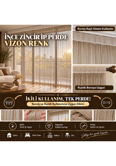 İp Perde Özel Seri İnce Zincir Vizon En 100 Cm Boy 300 Cm Korniş Veya Rustik Kullanılabilir