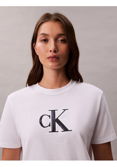 Calvin Klein Kısa Kollu Payetli Ck Grafikli Kadın Beyaz T-shirt Lv044e215g-yaa Beyaz