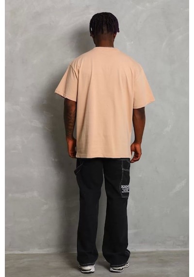 Unisex Oversize Düz Bisiklet Yaka T-shirt - Bej Bej