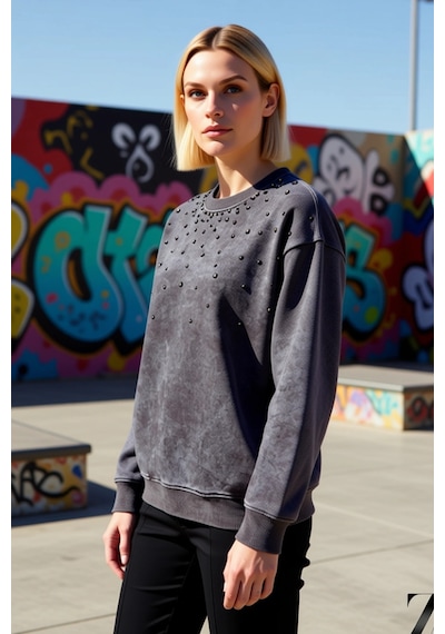 Benerly Kadın Bisiklet Yaka Düşük Kol Eskitme Efektli Regular Sweatshirt Antrasit