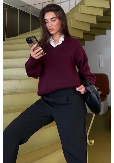 Madmext Mürdüm V Yaka Oversize Kadın Triko Kazak Mg2149 Mürdüm