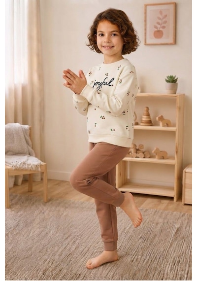 Pina Kids Kız Çocuk Kirazlı Desenli Okul Günlük Eşofman Takımı Esf7034 Somon
