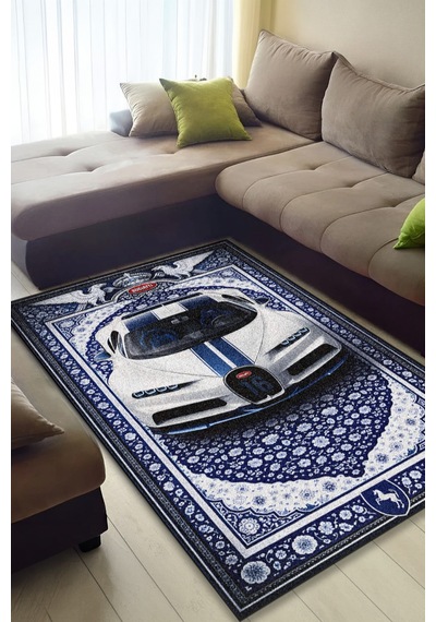 Bugatti Chiron Araba Desenli Halı Dijital Baskı Yıkanabilir Kaymaz Taban Leke Tutmaz