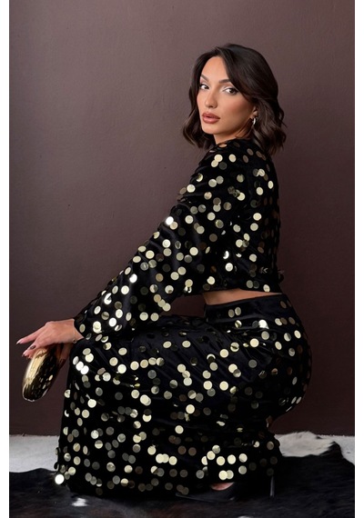 Verymoda Pullu Kadife Etek F2000 Siyah Gold
