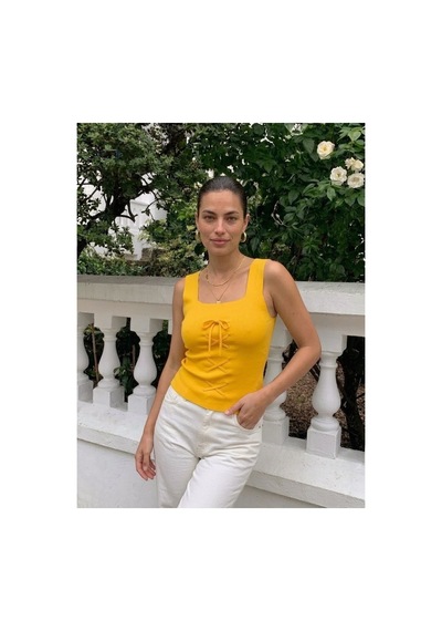 Onno Style Women Kolsuz Askılı Kare Yaka Bağcık Detaylı Triko Kadın Bluz Hardal