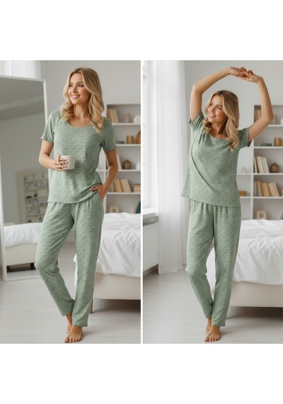 Bonbon Kadın Jakarlı Açık Yeşil Renk Çiçek Desenli 3'lü Set Pijama Takımı Bb2312 Yeşil