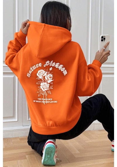 Uyguntarz Nature Blossom Baskılı Unisex Oversize Sweatshirt Turuncu