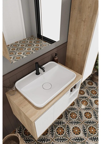 Lale Beyaz 80 Cm %100 Mdf Lavabolu Banyo Dolabı + Aynalı Dolap+ Boy Dolabı Beyaz Meşe