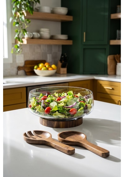 Bosco Akasya Salata Servis Kasesi & Çatal Kaşık - 4300 Ml Şeffaf