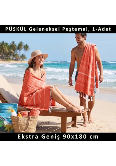 Püskül İnce Plaj Havlusu, Klasik Çizgili Peştemal Banyo Havlusu Turuncu, Paket'te 1-adet 100x180 Cm Peştemal