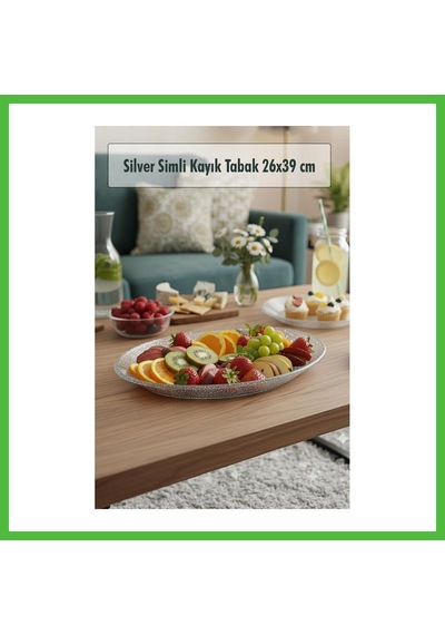 Vaveni Silver Simli Büyük Kayık Tabak Sunum & Servis Tabağı - 26,5 X 39,5 Cm Arz