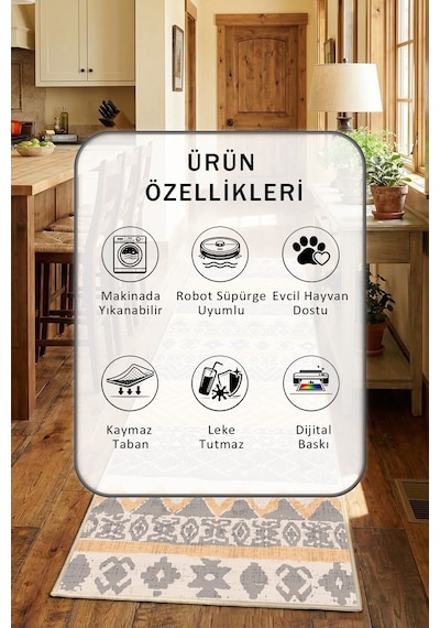 Rinanay Bej Yıkanabilir Mutfak Halısı