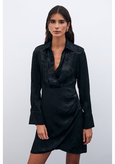 Sateen Desenli Kruvaze Elbise - Siyah-135582 Siyah