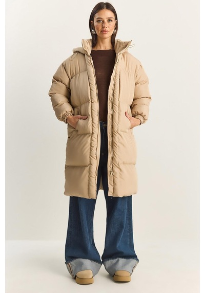 Shade Kadın Cep Detaylı Astarlı Kapüşonlu Uzun Puffer Mont 1129 60283868 - Bej