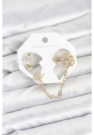 Mey İthalat Kutup Yıldızı Model Pirinç Gold Renk Zincir Bağlantılı Ear Cuff Küpe Seti Diğer