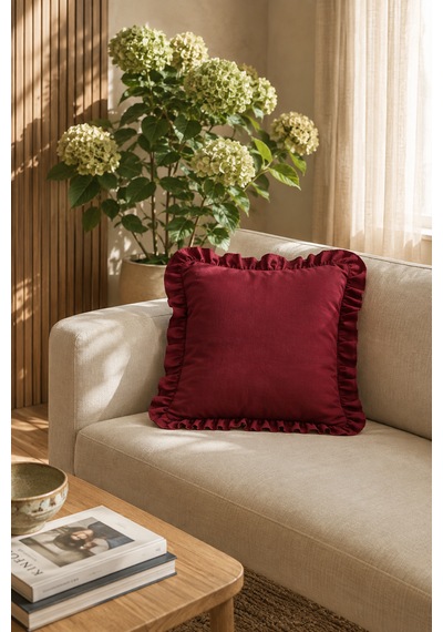 1 Adet Bordo Fırfırlı Dekoratif Kırlent Kılıfı %100 Pamuk 45x45 Cm