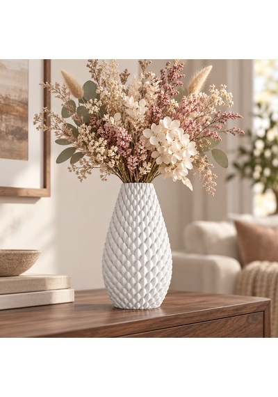 Kabartma Desenli Dekoratif Vazo 20 Cm Modern Tasarım Beyaz