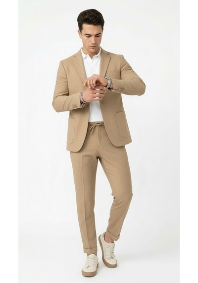 Pike Kumaş Jogger Pantolonlu Erkek Takım Elbise Torba Cepli Tek Düğme Slim Fit Kombin Bej