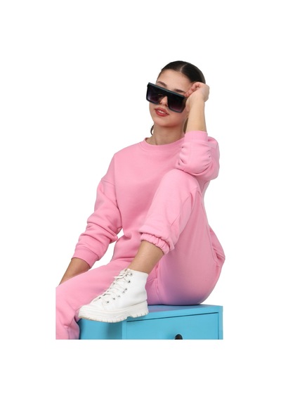Erdem Kıds Kız Çocuk Paçası Lastikli 3 İplik Şardonlu İçi Pamuklu Basic Bisiklet Yaka Eşofman Takımı Pembe Pembe