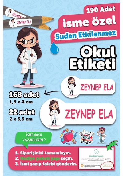 Okul Etiketi Kalem Defter İsimli Etiket Isim Yazılabilen Doktor Temalı - 190 Adet Özel Yeni Tasarım