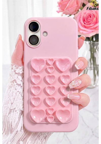 Fibaks iPhone 17 Uyumlu Kılıf Kendinden Vakumlu İçi Kadife Kalp Desenli Soft Silikon Güçlü Tutuş & Estetik Tasarım Rose