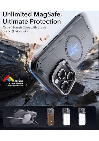 Apple Uyumlu iPhone Esr 16 Pro Max Kılıf Cyber Tough Halolock Magsafe Standlı Silikon Gri Apple Uyumlu iPhone Esr 16 Pro Max Kılıf Cyber Tough Halolock Magsafe Standlı Silikon Gri