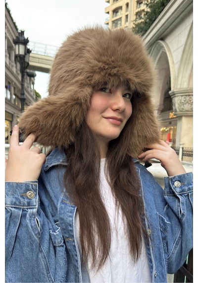 Mollycrush Camelpelüş Kürklü Genç Pilot Şapkası - Yumuşak Tüylü Kulaklı Ushanka Kahverengi