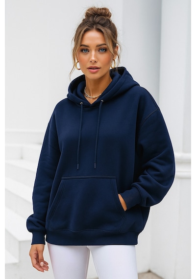 Kadın Lacivert Kanguru Cepli Kapüşonlu Scuba Sweatshirt Lacivert