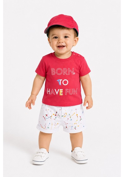 Babyhola %100 Pamuk Erkek Bebek Kapri Tişört Şapka Takım 5467 Kırmızı