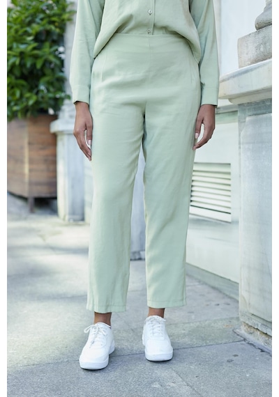 JUMENT Kadın Likrasız Modal Kumaş Yüksek Bel Beli Lastikli Yan Cepli Dar Paça Bilek Boy Pantolon-yağ Yeşili JUMENT Kadın Likrasız Modal Kumaş Yüksek Bel Beli Lastikli Yan Cepli Dar Paça Bilek Boy Pantolon-yağ Yeşili