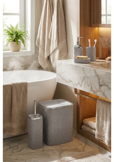 Makri Home 5 Parça Banyo Seti, Kalp Desenli, Gri Silver, Kare, Click Kapaklı, Hacim: 8 Litre Gri