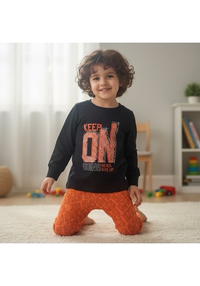 Bonbon Erkek Çocuk Keep On Baskılı Uzun Kollu Siyah Renk 2'li Takım Cb1068