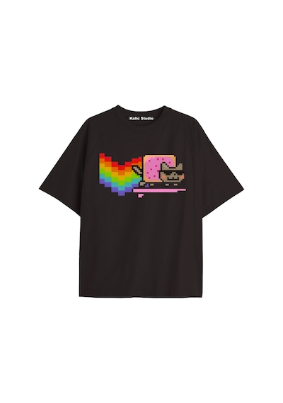 Kalic Studio Nyan Nyan Cat Oversize Unisex T-shirt Siyah Krem