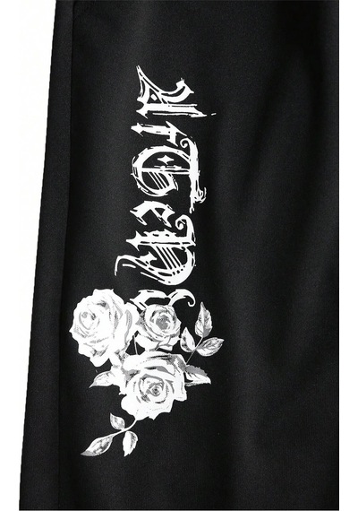 Floral & Letter Graphic Drawstring Waist Eşofman Altı Siyah