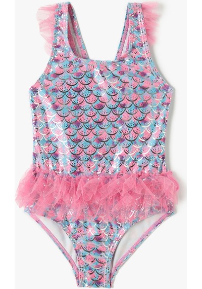 Koton Mayo Tül Detaylı Deniz Kızı Baskılı Pembe Desenli 4skg30026mm Pembe