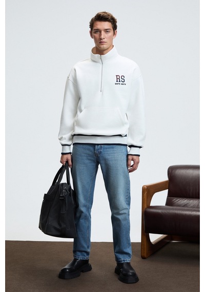 Grimelange PLATA Erkek Yarım Fermuarlı Kanguru Cepli Etek Ve Kolda Triko Detay Relaxed Fit Ekru Sweatshirt