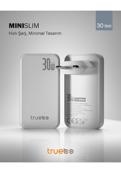 Truebo MiniSlim 30w Hızlı Şarj Adaptörü Truebo MiniSlim 30w Hızlı Şarj Adaptörü
