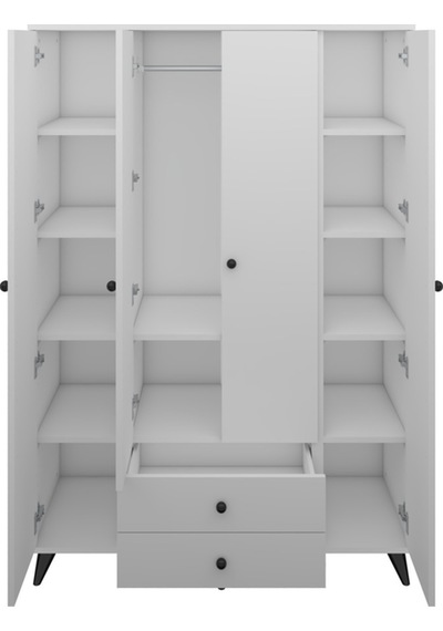 Simple Gardırop 10 Raflı 2 Çekmeceli Tek Askılı 120x44x176 Beyaz Beyaz