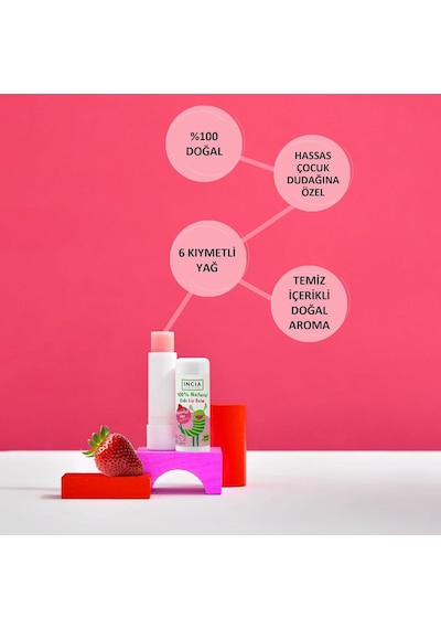 Incıa%100 Doğal Kids Dudak Besleyici Çilek Bitkisel Nemlendirici Dudak Bakım Kremi 6 G
