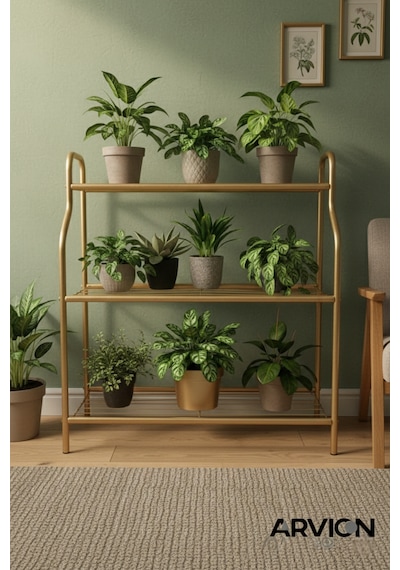 Modern Gold 3 Katlı Metal Mutfak Ve Dekoratif Saksılık Çiçeklik Dayanıklı Raflı Stand-organizer Gold