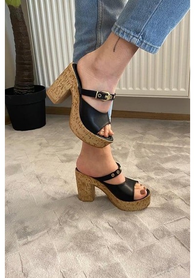 Asmi Shoes Kadın Tena Mantar Taban Platform Topuklu Terlik 10 Cm Snd456 Siyah Siyah