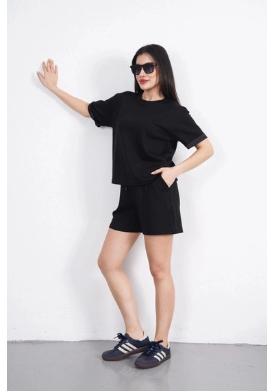 Freedom Store Osy Modal Yumuşak Dokulu Kumaş Kadın Bisiklet Yaka T-shirt Kısa Şort İkili Takım - Siyah