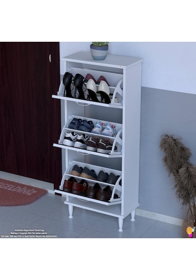 Modilayn Varbi Kapı Önü 52 X 127 X 25,5 Cm Lik 3 Düşer Kapak 6 Göz Bölmeli Ayakkabılık Antrasit - Beyaz