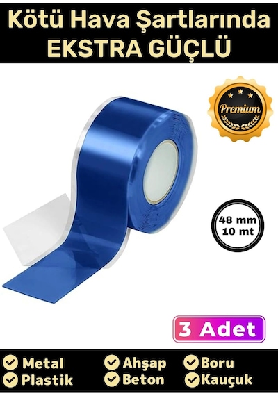 Süper Güçlü Su Geçirmez Sızdırmaz Mavi Renk Çok Amaçlı Tamir Ve İzolasyon Bandı 48mm X 10m - 3 Adet